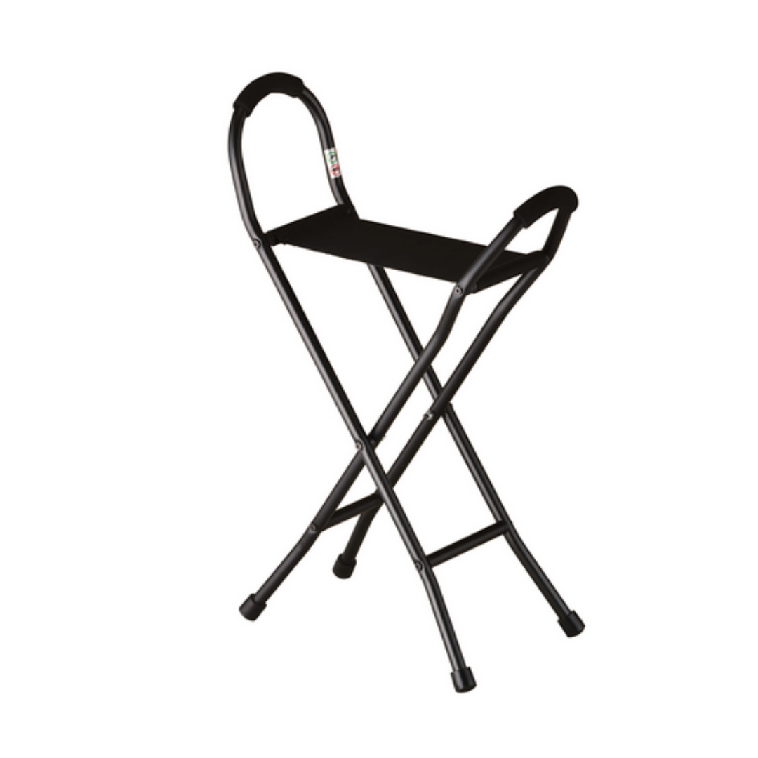 The Nova 3092 Folding Travel Seat Cane With Sling Seat is a lightweight black cane with a fabric sling seat and curved handles, designed for portability—ideal for convenient support and seating while traveling.
